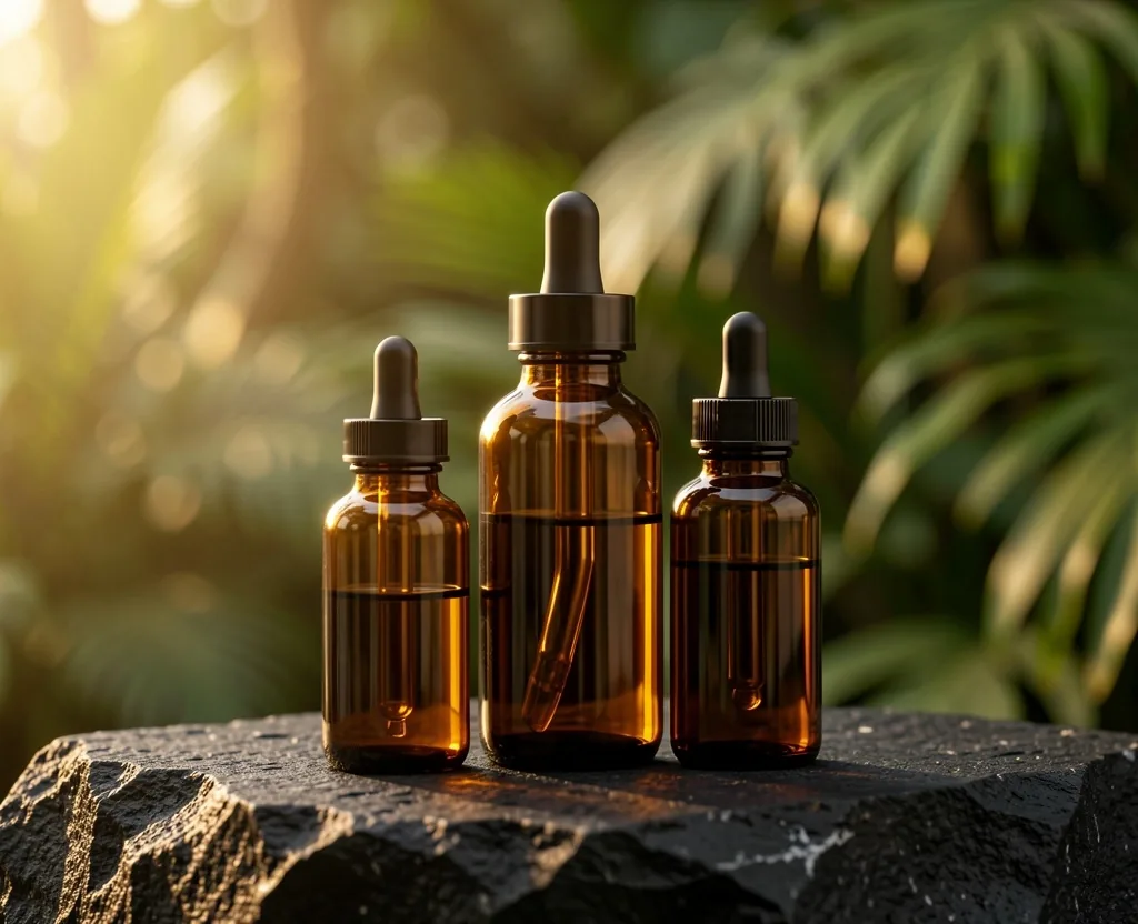Amber glass supplement bottles on a dark surface