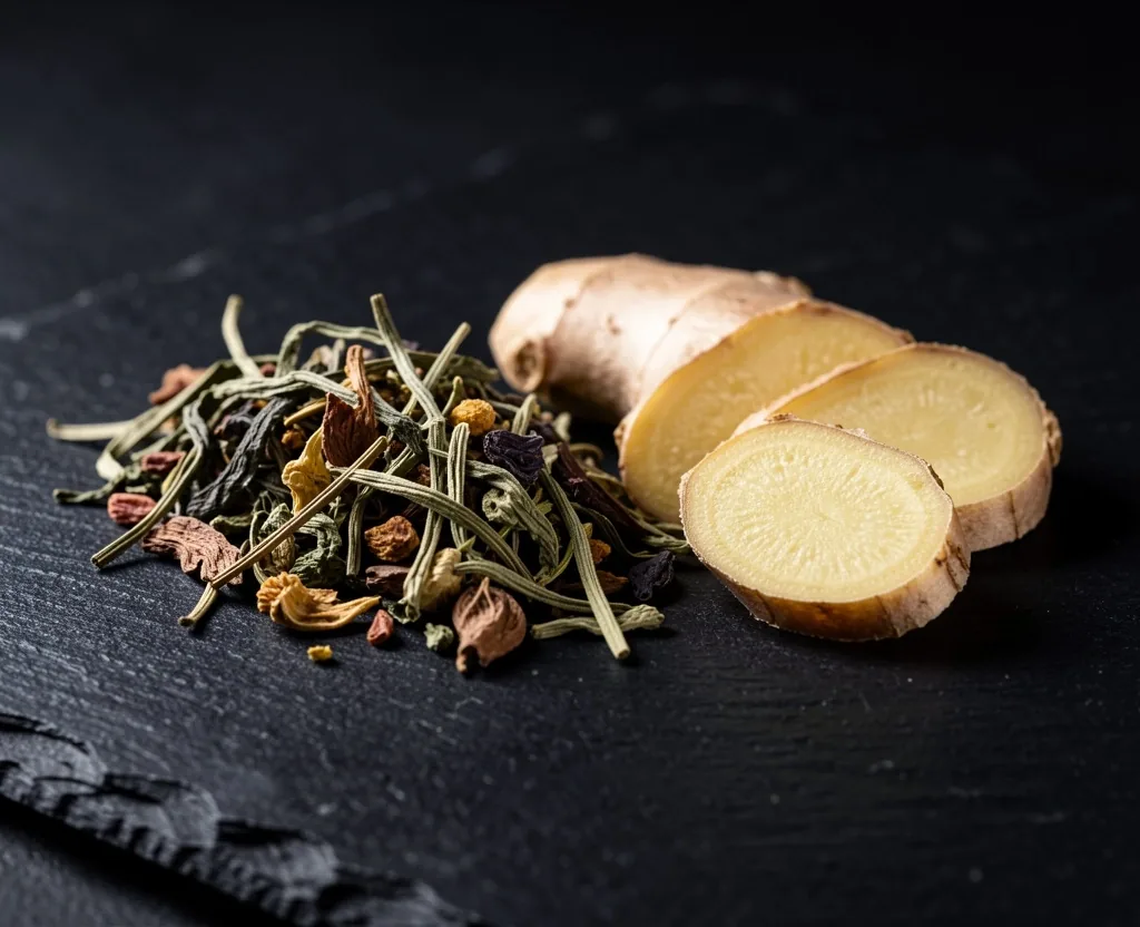Ginger root and dried botanicals on dark stone