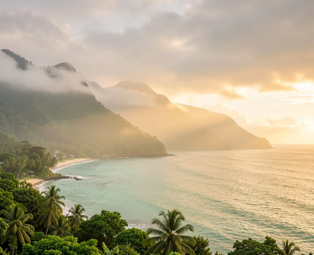 Indonesian archipelago coastline at dawn