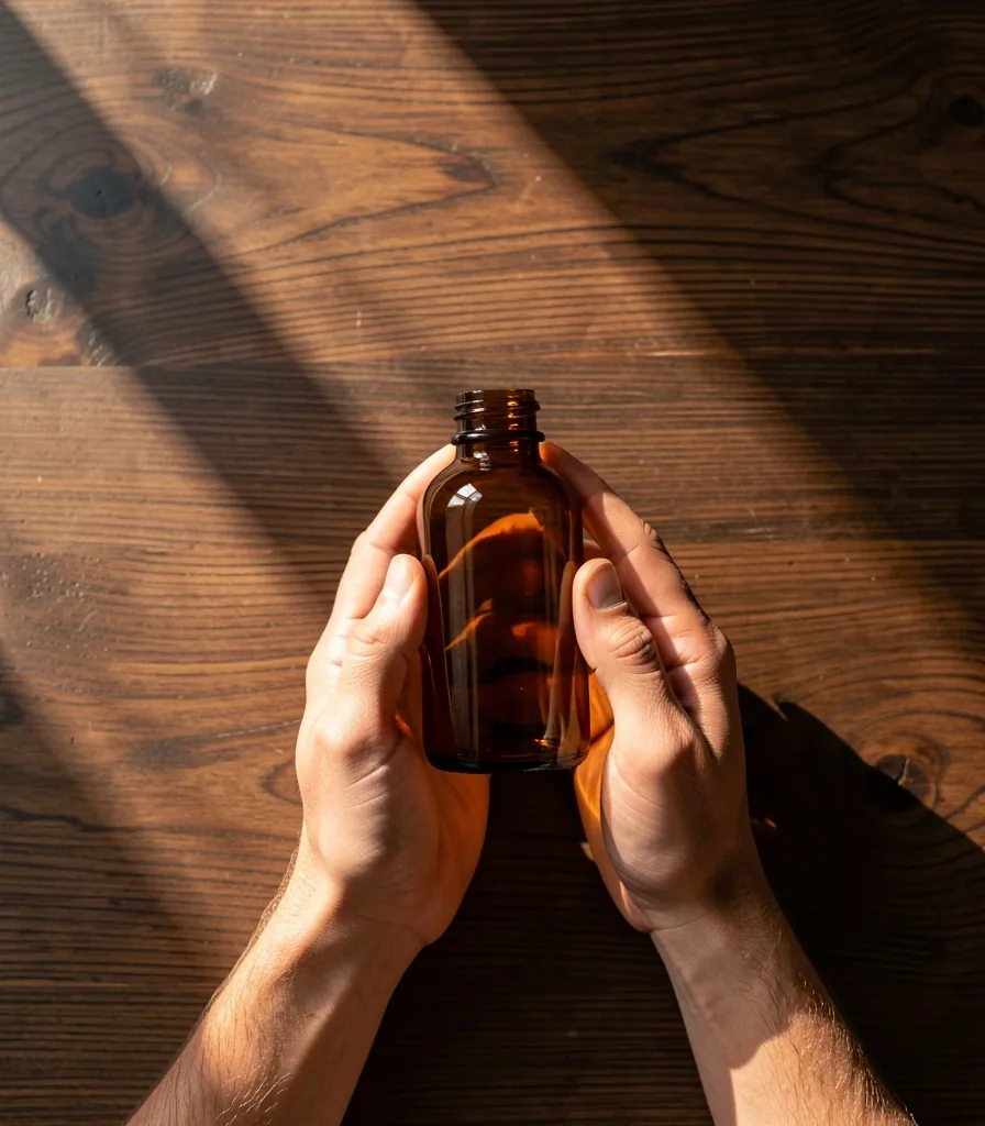 Hands holding amber supplement bottle on dark wood