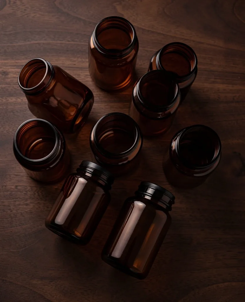 Amber glass supplement vessels on a dark shelf