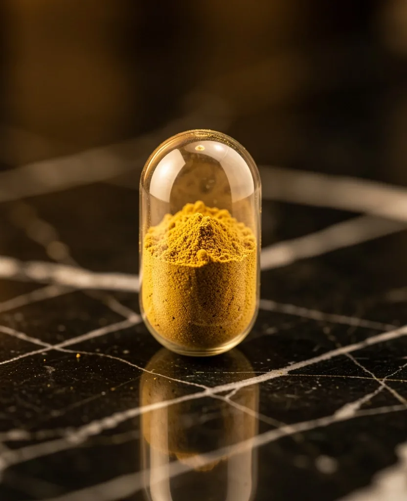 A single capsule filled with golden botanical powder on a dark surface