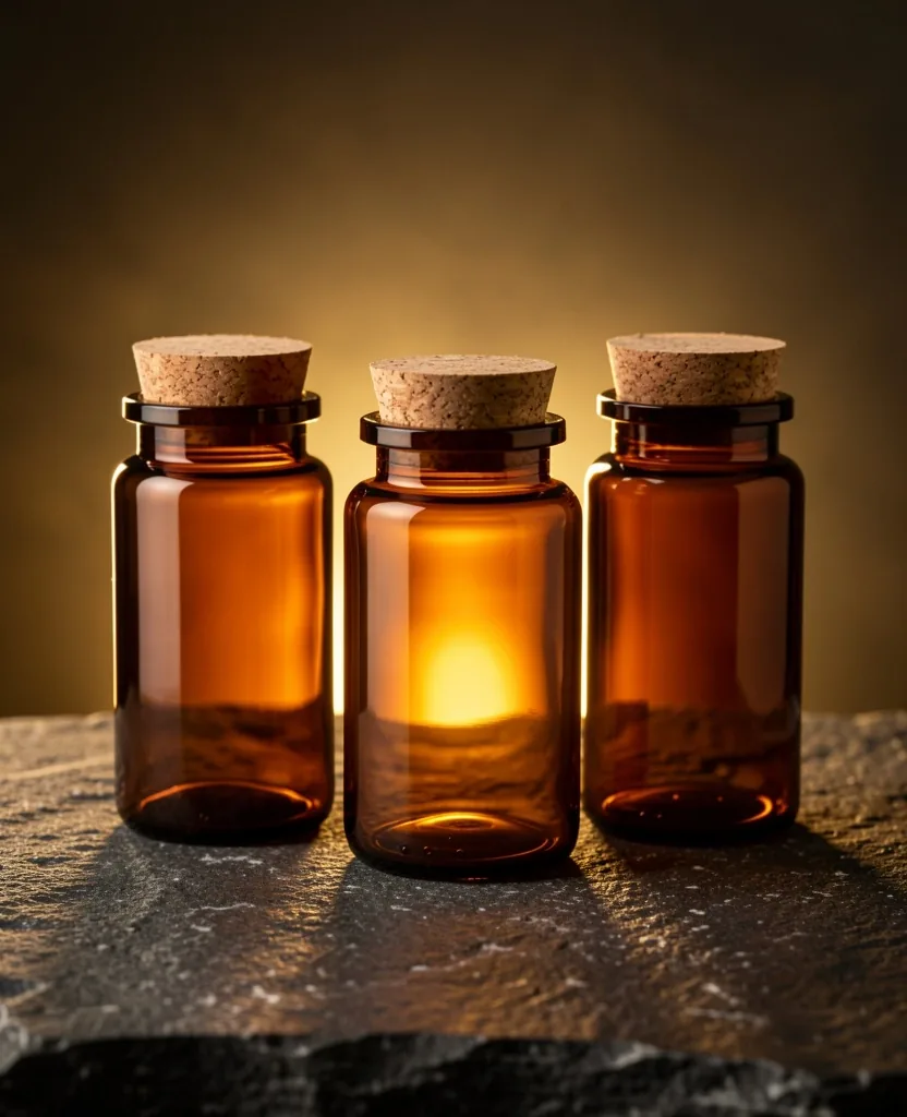 Amber glass supplement bottles on a dark surface