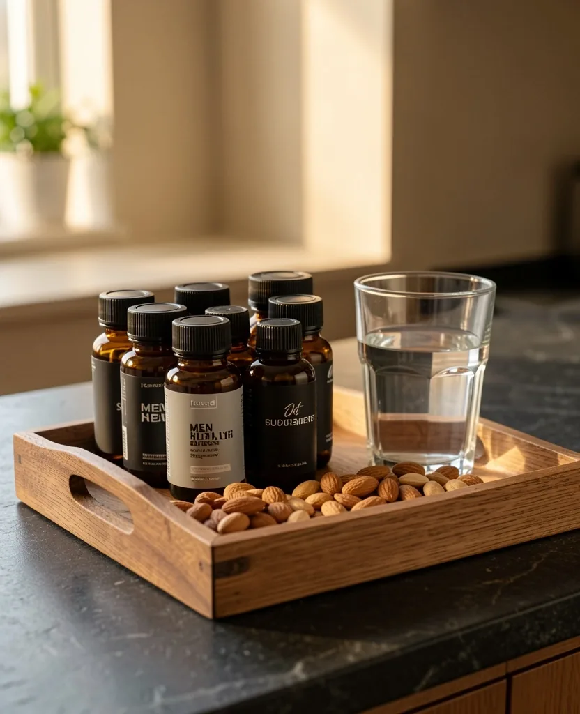 Amber supplement bottles with water and nuts on a wooden tray in morning light