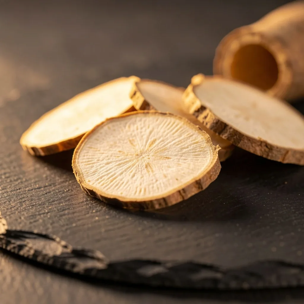 Dried Maca root slices on a dark surface