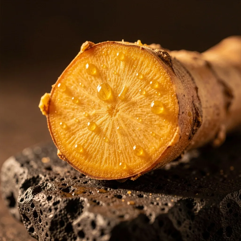 Fresh turmeric rhizome cross-section on a dark surface